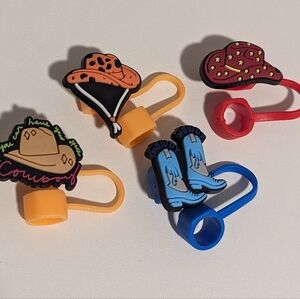 Set Of 4 Western Cowboy Silicone Straw Toppers New!